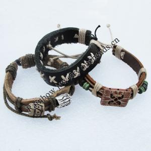 7.1 Inch Cowhide (Cowskin) with waxed cotton & Wood Beads Bracelet Mix color Mix style Sold by Bag 