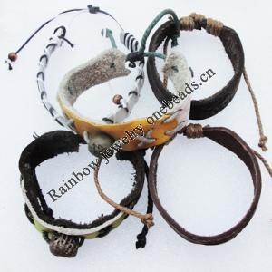 7.1 Inch Cowhide (Cowskin) with waxed cotton & Wood Beads Bracelet Mix color Mix style Sold by Bag 