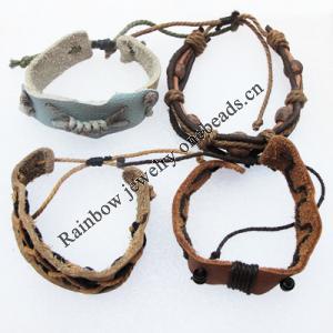 7.1 Inch Cowhide (Cowskin) with waxed cotton & Wood Beads Bracelet Mix color Mix style Sold by Bag 