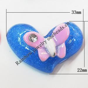 Resin Cabochons, No Hole Headwear & Costume Accessory, Heart with Acrylic Zircon 22x33mm, Sold by Bag