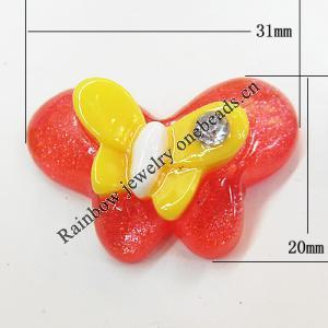 Resin Cabochons, No Hole Headwear & Costume Accessory, Butterfly with Acrylic Zircon 20x31mm, Sold by Bag