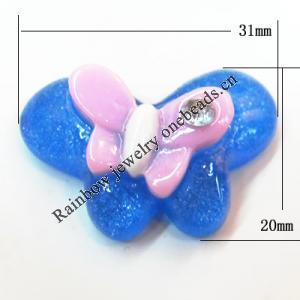 Resin Cabochons, No Hole Headwear & Costume Accessory, Butterfly with Acrylic Zircon 20x31mm, Sold by Bag