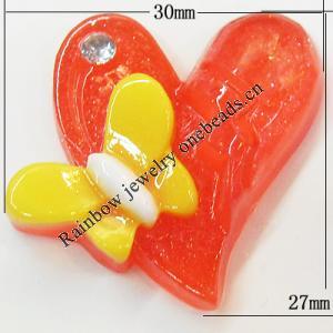 Resin Cabochons, No Hole Headwear & Costume Accessory, Heart with Acrylic Zircon 25x26mm, Sold by Bag