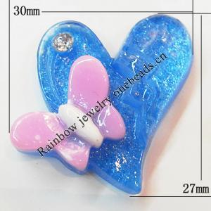 Resin Cabochons, No Hole Headwear & Costume Accessory, Heart with Acrylic Zircon 25x26mm, Sold by Bag