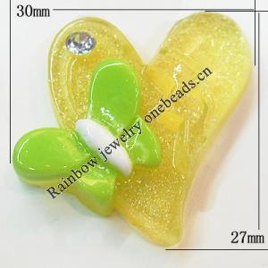 Resin Cabochons, No Hole Headwear & Costume Accessory, Heart with Acrylic Zircon 25x26mm, Sold by Bag