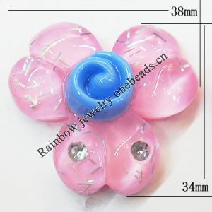 Resin Cabochons, No Hole Headwear & Costume Accessory, Flower with Acrylic Zircon 34x38mm, Sold by Bag