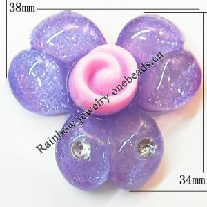 Resin Cabochons, No Hole Headwear & Costume Accessory, Flower with Acrylic Zircon 34x38mm, Sold by Bag