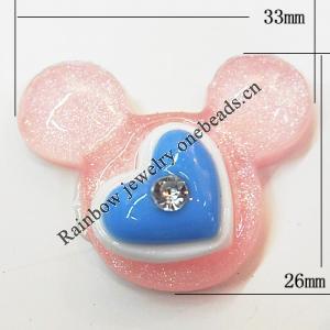 Resin Cabochons, No Hole Headwear & Costume Accessory, Animal Head with Acrylic Zircon 26x33mm, Sold by Bag