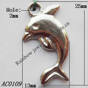 Pendant, Lead-free Zinc Alloy Jewelry Findings, Dolphin 25x13mm Hole:2mm, Sold by Bag