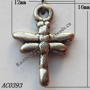 Pendant, Lead-free Zinc Alloy Jewelry Findings, Dragonfly 12x16mm Hole:1mm, Sold by Bag