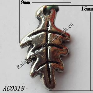 Pendant, Lead-free Zinc Alloy Jewelry Findings, Leaf 15x9mm Hole:1mm, Sold by Bag