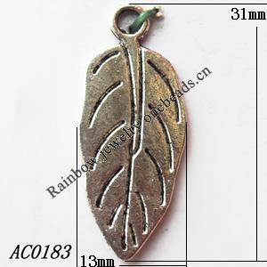 Pendant, Lead-free Zinc Alloy Jewelry Findings, Leaf 31x13mm Hole:2.5mm, Sold by Bag