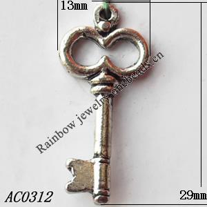 Pendant, Lead-free Zinc Alloy Jewelry Findings, Key 13x29mm Hole:1mm, Sold by Bag
