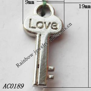 Pendant, Lead-free Zinc Alloy Jewelry Findings, Key 9x19mm Hole:2.5mm, Sold by Bag