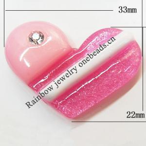 Resin Cabochons, No Hole Headwear & Costume Accessory, Heart with Acrylic Zircon 33x22mm, Sold by Bag