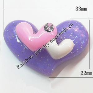 Resin Cabochons, No Hole Headwear & Costume Accessory, Heart with Acrylic Zircon 22x33mm, Sold by Bag