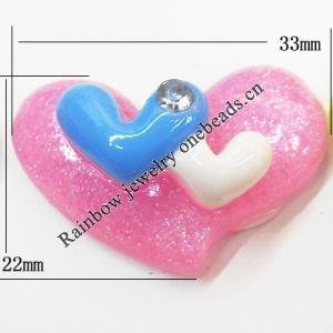 Resin Cabochons, No Hole Headwear & Costume Accessory, Heart with Acrylic Zircon 22x33mm, Sold by Bag