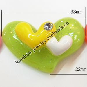 Resin Cabochons, No Hole Headwear & Costume Accessory, Heart with Acrylic Zircon 22x33mm, Sold by Bag