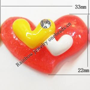 Resin Cabochons, No Hole Headwear & Costume Accessory, Heart with Acrylic Zircon 22x33mm, Sold by Bag