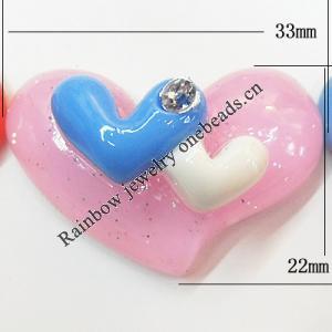 Resin Cabochons, No Hole Headwear & Costume Accessory, Heart with Acrylic Zircon 22x33mm, Sold by Bag