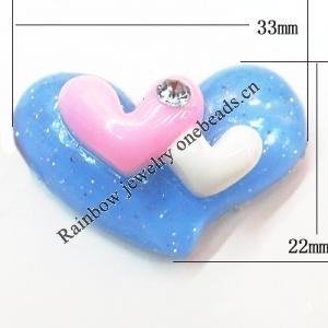 Resin Cabochons, No Hole Headwear & Costume Accessory, Heart with Acrylic Zircon 22x33mm, Sold by Bag