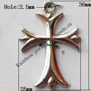 Pendant, Lead-free Zinc Alloy Jewelry Findings, Cross 25x36mm Hole:2.5mm, Sold by Bag