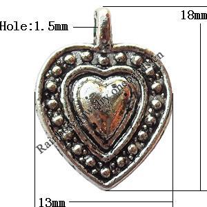 Pendant, Lead-free Zinc Alloy Jewelry Findings, Heart 13x18mm Hole:1.5mm, Sold by Bag
