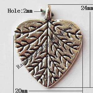 Pendant, Lead-free Zinc Alloy Jewelry Findings, Leaf 20x24mm Hole:2mm, Sold by Bag