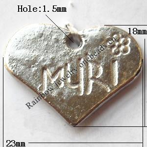 Pendant, Lead-free Zinc Alloy Jewelry Findings, Heart 23x18mm Hole:1.5mm, Sold by Bag