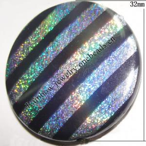 Colorful & Silver Stripe Acrylic Beads, Flat Round 32mm Sold by Bag