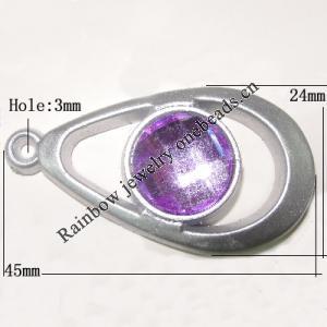 Plastic( ABS) Pendant with Acrylic Zircon, 45x24mm Hole:3mm Sold by Bag