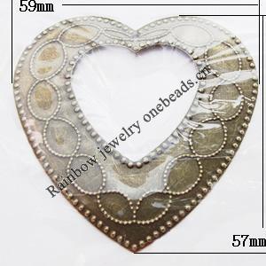 Iron Jewelry finding Pendant Lead-free, Hollow Heart 59x57mm Hole:2mm, Sold by Bag
