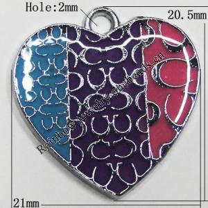 Zinc Alloy Enamel Pendant, Heart 21x20.5mm Hole:2mm, Sold by Group