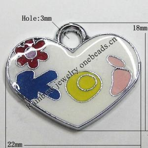 Zinc Alloy Enamel Pendant, Heart 18x22mm Hole:3mm, Sold by Group