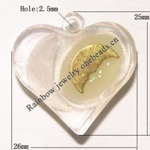 Resin Pendent with copper Beads, Luminous, Heart 25x26mm Hole:2.5mm, Sold by Bag