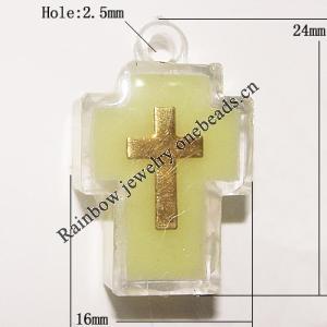 Resin Pendent with copper Beads, Luminous, Cross 24x16mm Hole:2.7mm, Sold by Bag