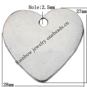 Pendant Zinc Alloy Jewelry Findings Lead-free, Heart 28x27mm Hole:2.5mm Sold by Bag