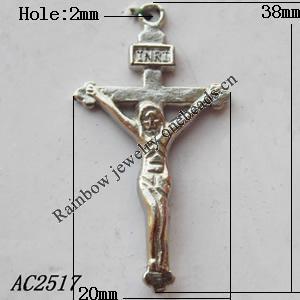 Pendant, Lead-free Zinc Alloy Jewelry Findings, Cross 20x38mm Hole:2mm, Sold by Bag