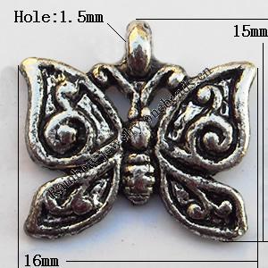 Pendant, Lead-free Zinc Alloy Jewelry Findings, Butterfly 16x15mm Hole:1.5mm, Sold by Bag