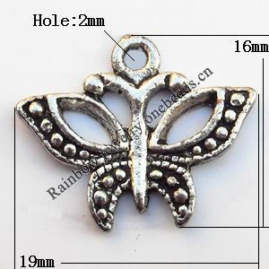 Pendant, Lead-free Zinc Alloy Jewelry Findings, Butterfly 19x16mm Hole:2mm, Sold by Bag