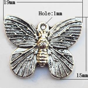 Pendant, Lead-free Zinc Alloy Jewelry Findings, Butterfly 19x15mm Hole:1mm, Sold by Bag