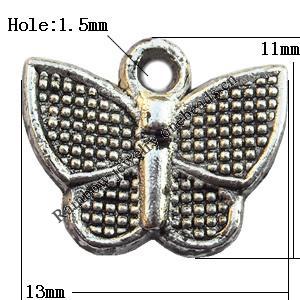 Pendant, Lead-free Zinc Alloy Jewelry Findings, Butterfly 13x11mm Hole:3mm, Sold by Bag