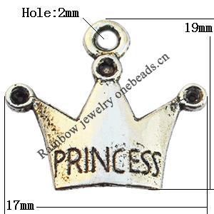 Pendant, Lead-free Zinc Alloy Jewelry Findings, Crown 19x17mm Hole:2mm, Sold by Bag