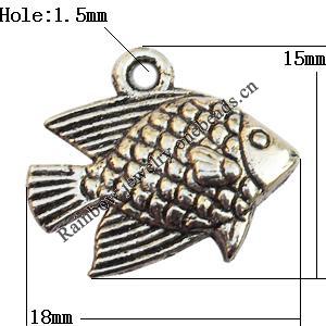 Pendant, Lead-free Zinc Alloy Jewelry Findings, Fish 18x15mm Hole:1.5mm, Sold by Bag