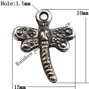 Pendant, Lead-free Zinc Alloy Jewelry Findings, Dragonfly 15x18mm Hole:1.5mm, Sold by Bag