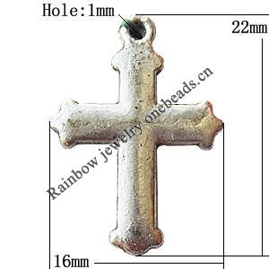 Pendant, Lead-free Zinc Alloy Jewelry Findings, Cross 16x22mm Hole:1mm, Sold by Bag