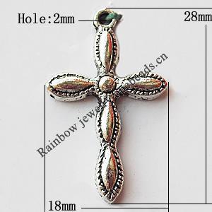 Pendant, Lead-free Zinc Alloy Jewelry Findings, Cross 18x28mm Hole:1mm, Sold by Bag