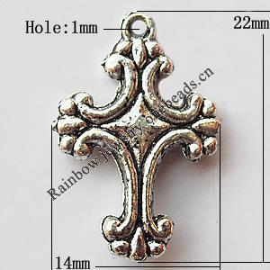 Pendant, Lead-free Zinc Alloy Jewelry Findings, Cross 14x22mm Hole:1mm, Sold by Bag