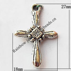 Pendant, Lead-free Zinc Alloy Jewelry Findings, Cross 18x27mm Hole:2mm, Sold by Bag