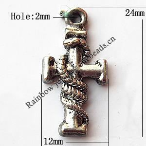 Pendant, Lead-free Zinc Alloy Jewelry Findings, Cross 12x24mm Hole:1.5mm, Sold by Bag